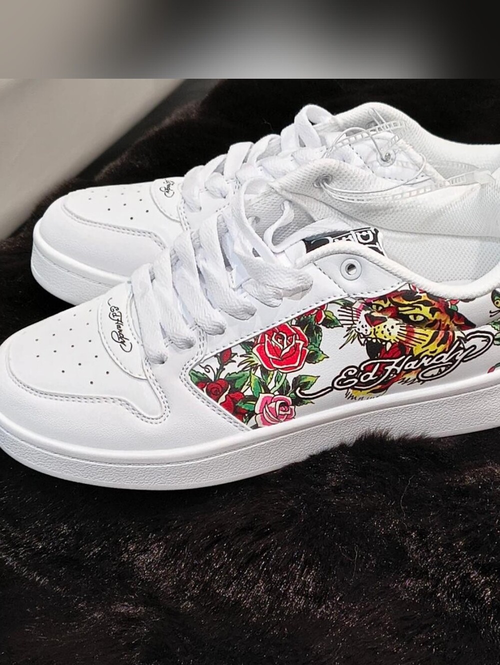 NWT Ed Hardy  Leather White with Floral & Tiger Graphic Tattoo Women Size 7.5M